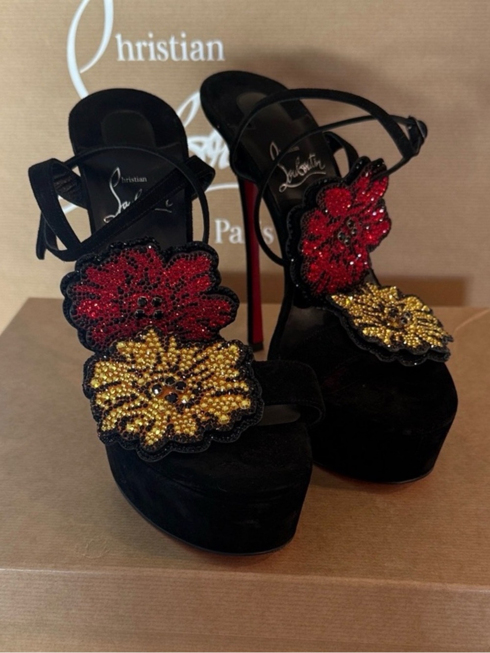 Christian Louboutin Black and Gold Floral Heels